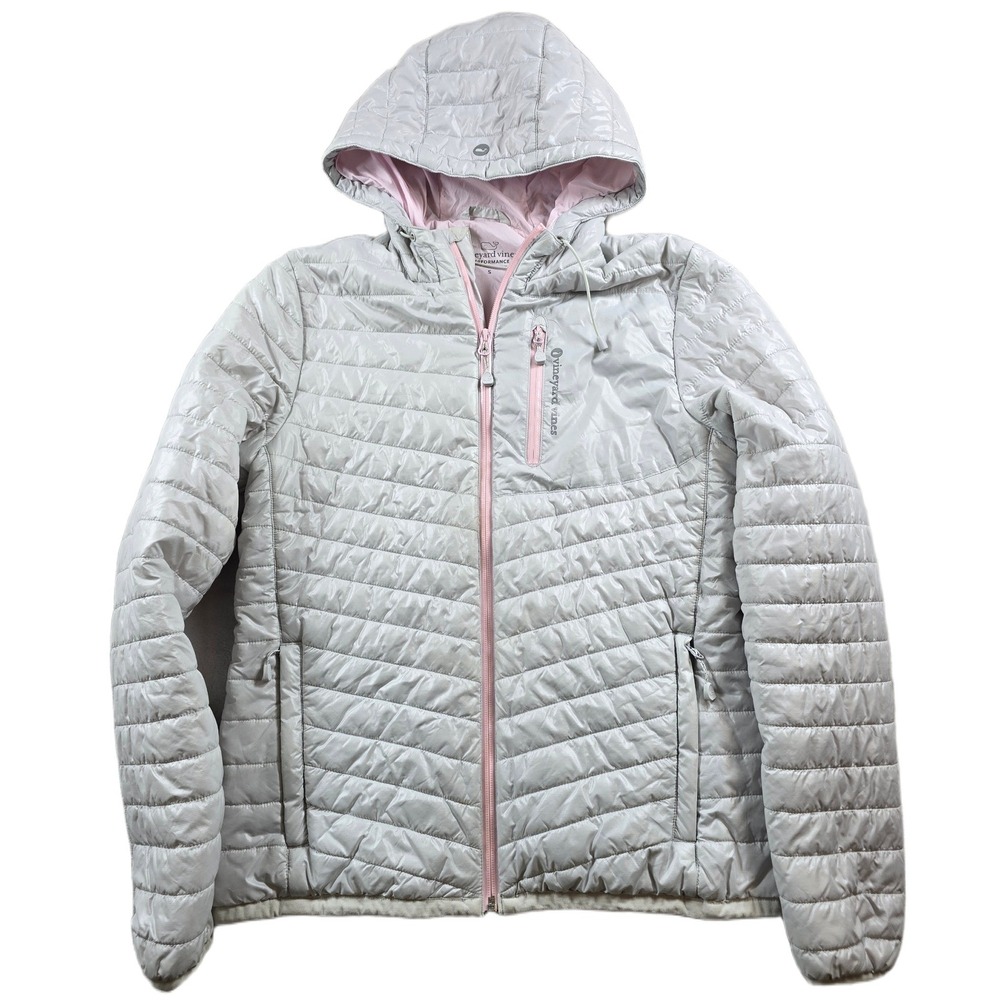 Vineyard Vines Performance Puffer Jacket Womens Small Gray Pink Quilted Hooded